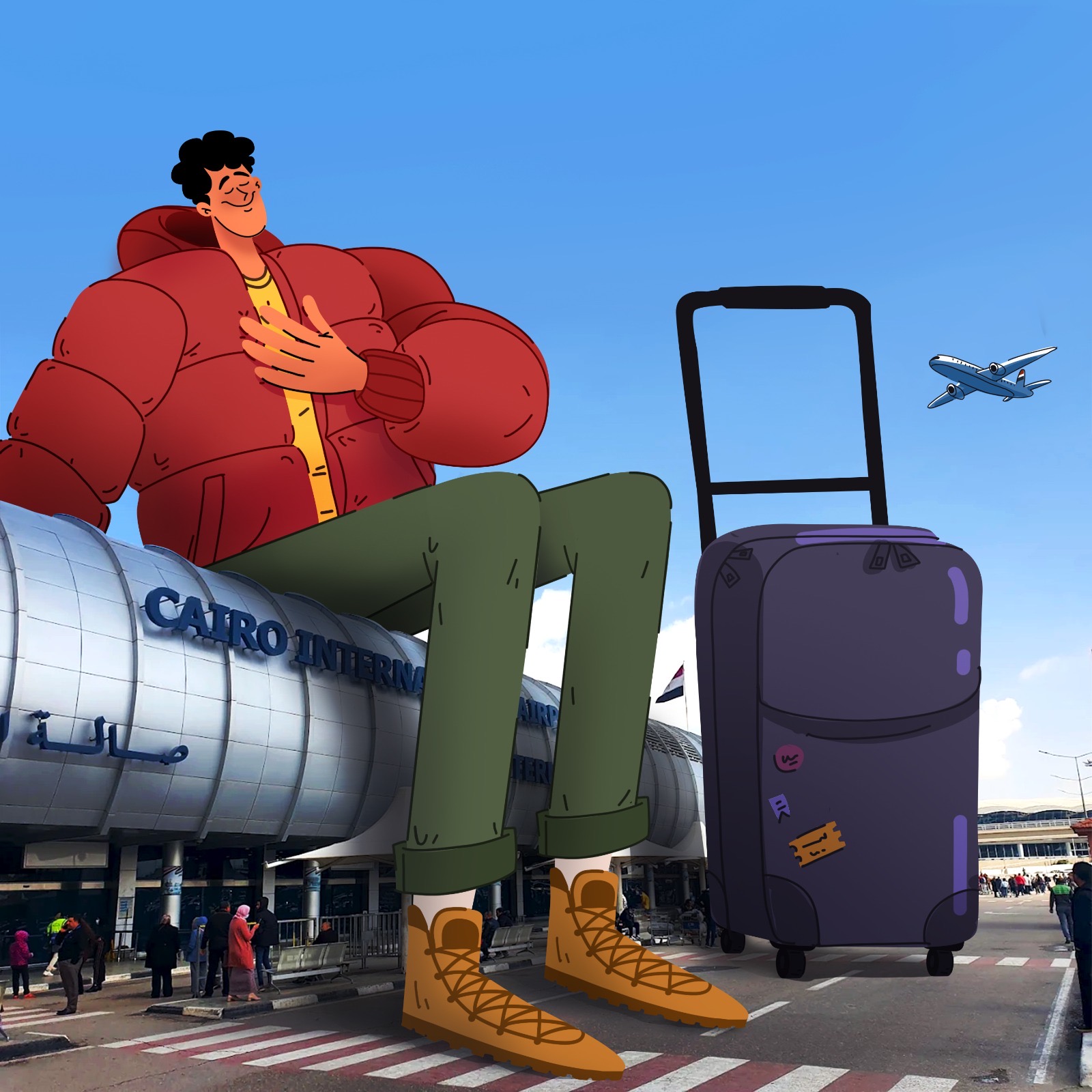 Illustrated traveler at Cairo International Airport