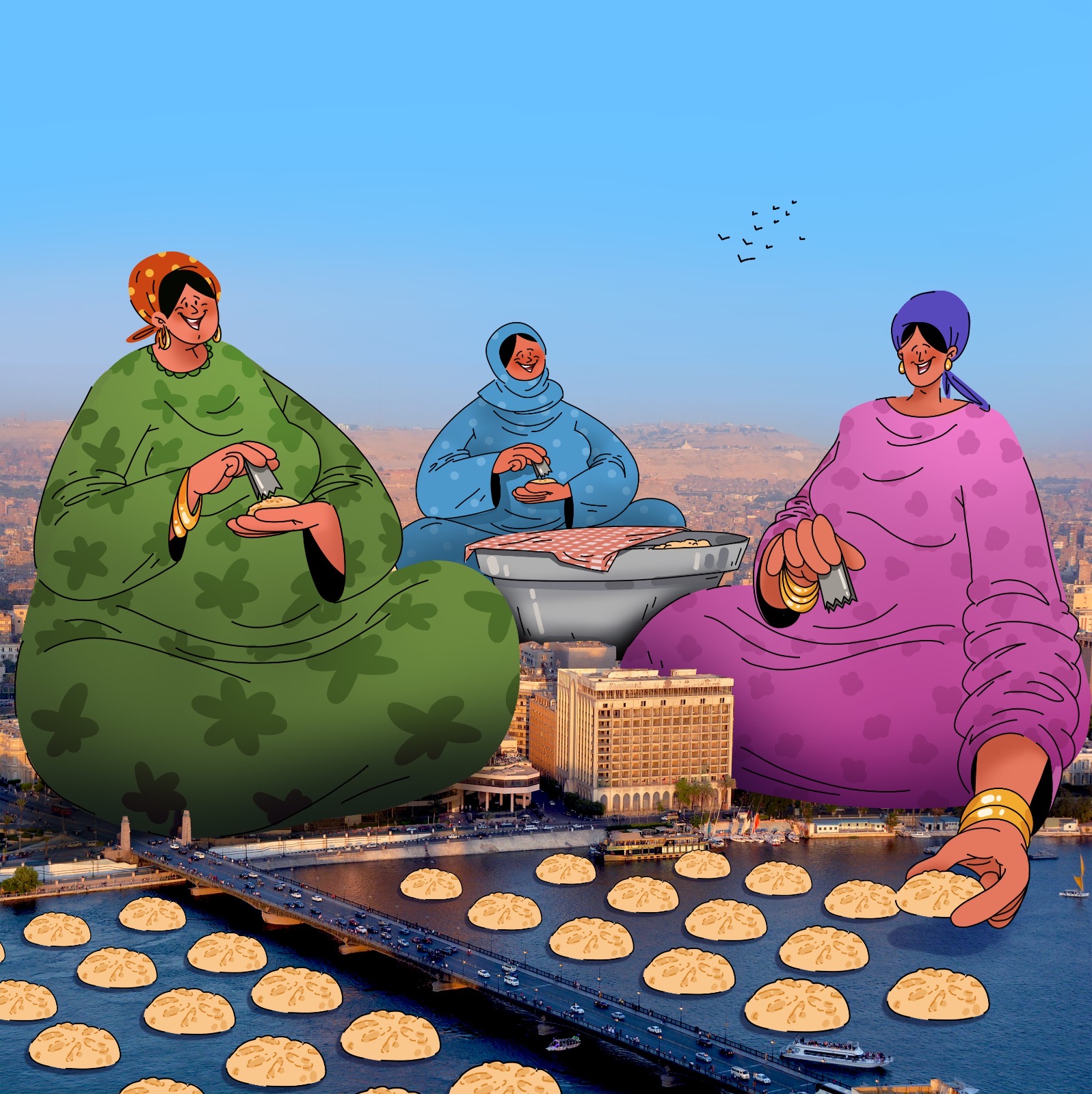 Three women baking over a view of Cairo