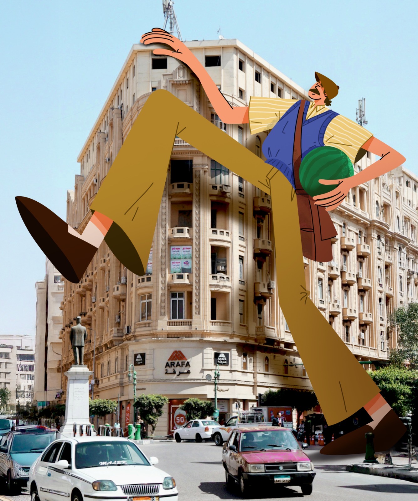 Illustrated figure walking through Downtown Cairo